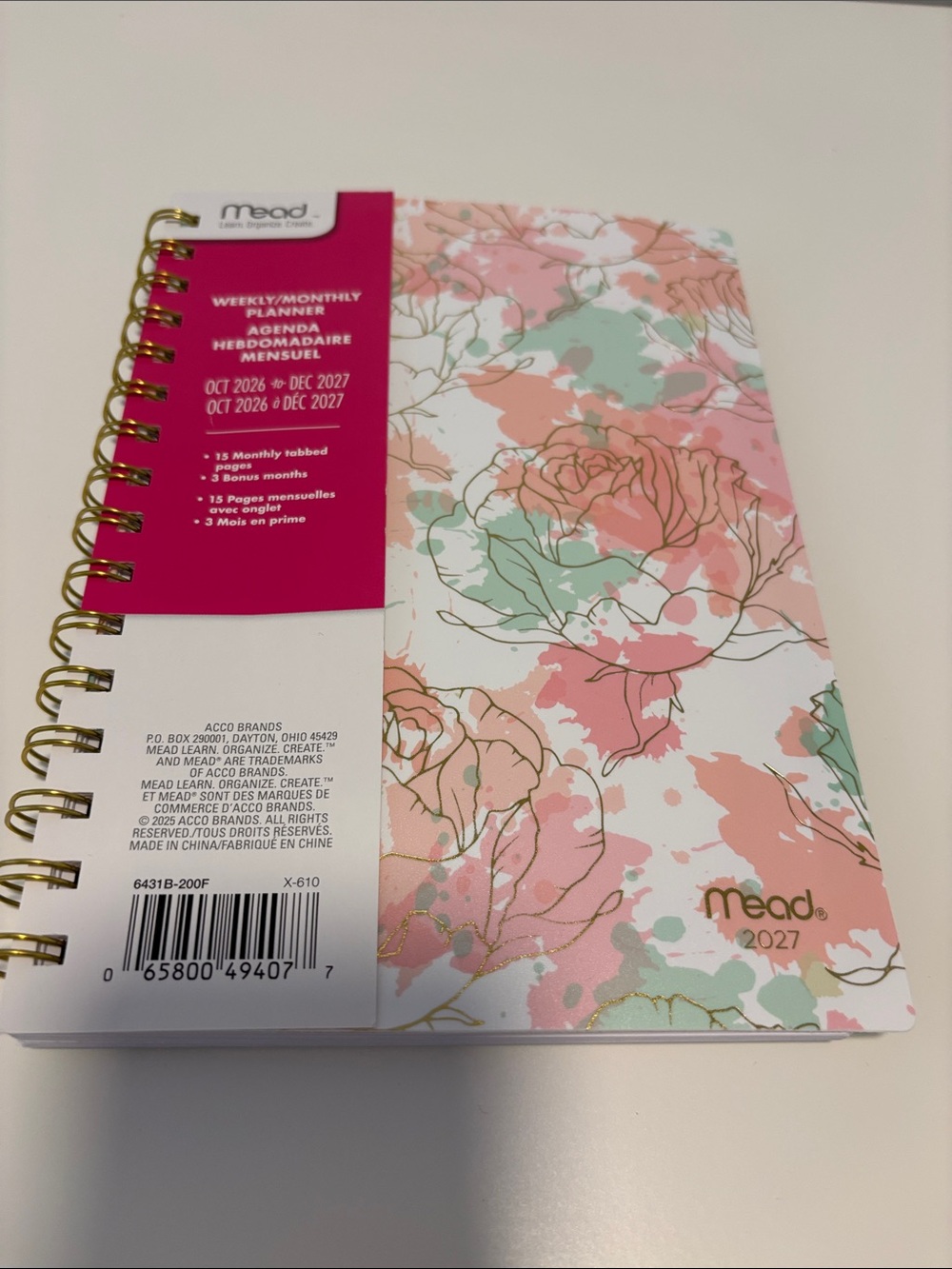 Mead Oct 2026 to Dec 2027 Floral Spiral Weekly/Monthly Planner - Pink & Mint